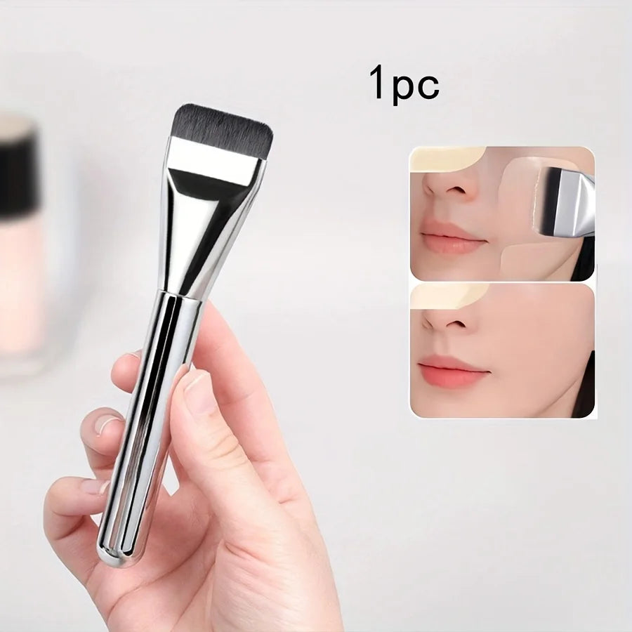 A hand holds an ultra-fine oval foundation brush with a silver ferrule and black bristles, shown next to close-up shots of th