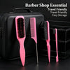 A black travel bag holds a 4-piece pink boar bristle hair styling brush set with metal tail comb.