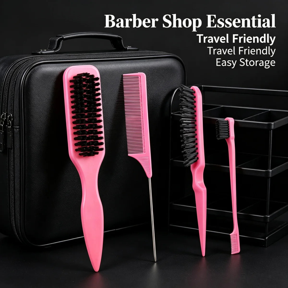 A black travel bag holds a 4-piece pink boar bristle hair styling brush set with metal tail comb.