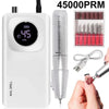 Perceuse électrique rechargeable pour ongles blanche professionnelle avec affichage numérique de 45000 tr/min et embout inclu