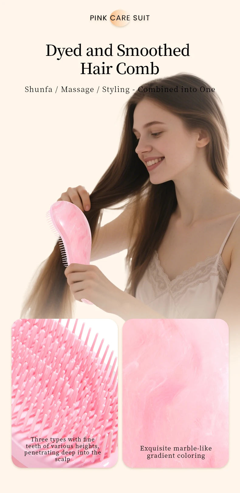 Une femme utilise un peigne pour cheveux teinté et lissé pour masser, coiffer et lisser ses cheveux.