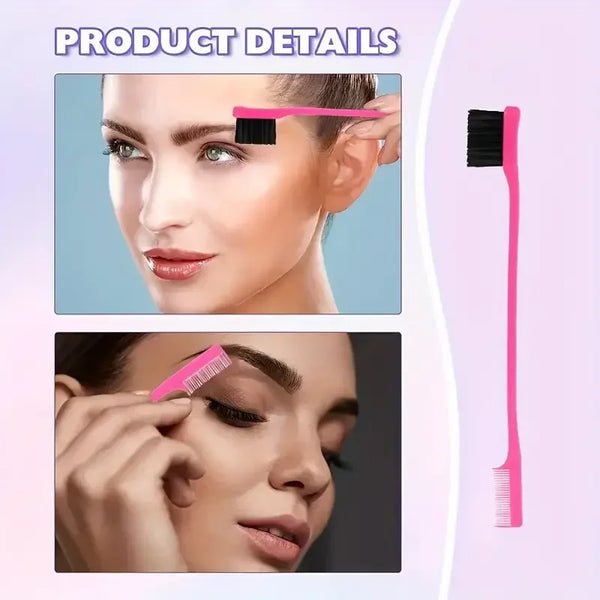 A pink hair styling tool kit showing a black edge brush and a pink rat tail comb being used on a woman's face.