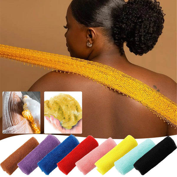 A woman models a long, yellow exfoliating mesh body scrub sponge draped over her shoulder, with various colored sponges displ