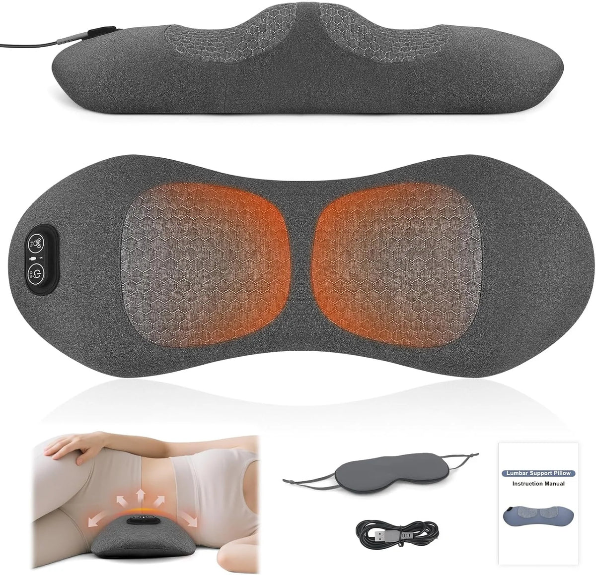 Grauer Lenden-Massager in verschiedenen Ansichten, einschließlich top-down und Seitenprofil.