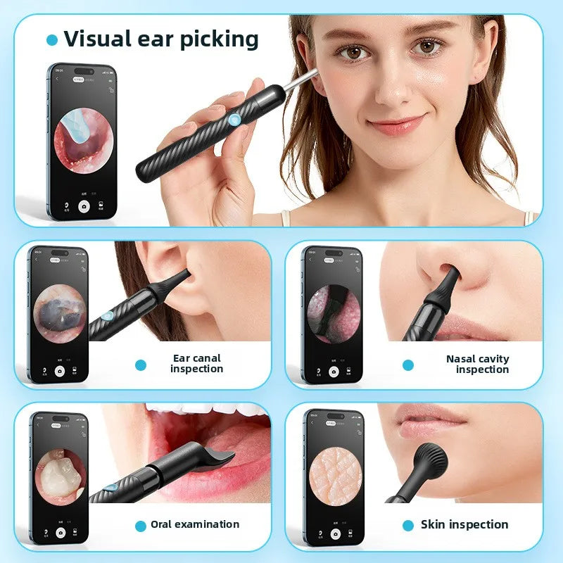 A collection of medical inspection tools including ear picking, nasal cavity inspection, oral examination, and skin inspectio