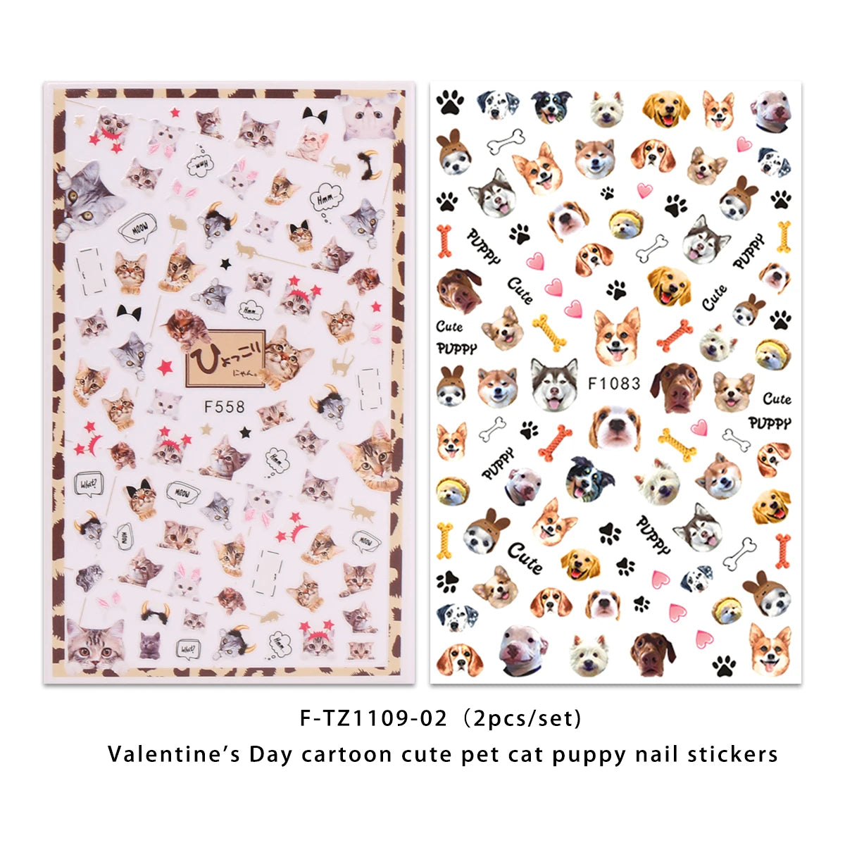 A set of Valentine's Day cartoon cute pet cat puppy nail stickers featuring various breeds and designs.