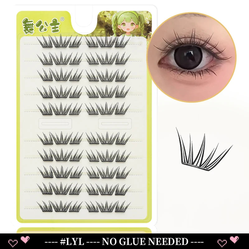 A sheet of Dingsen Cluster Eyelash Extensions showing various lash styles and a close-up of an eye.