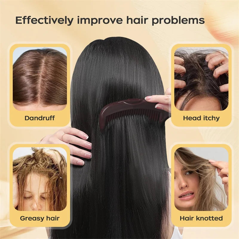 A dark comb is shown being used on a person's hair to address various hair problems like dandruff, itchy scalp, greasy hair, 