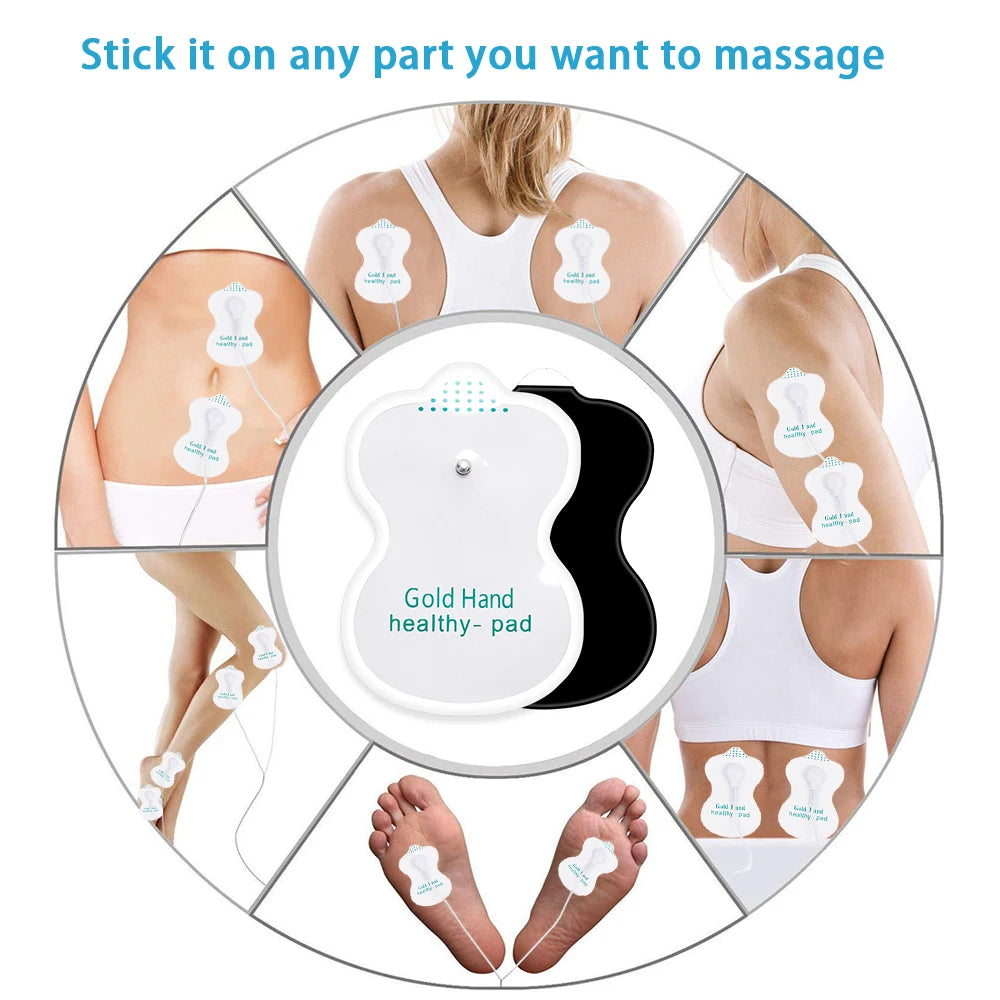 A set of gold hand healthy pads for massaging, shown on various body parts.