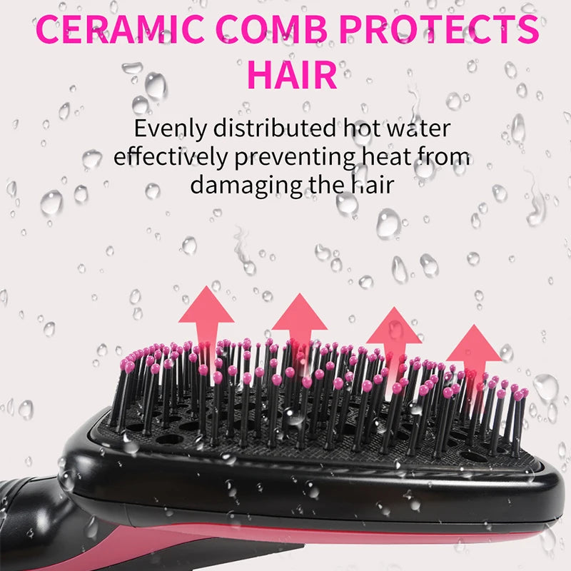 A black hair dryer brush is shown with water droplets, illustrating how ceramic comb protects hair from heat damage.