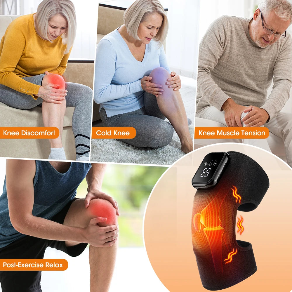 Heizendes Knie-Massagergerät in verschiedenen Anwendungen zur Linderung von Beschwerden und Verspannungen.