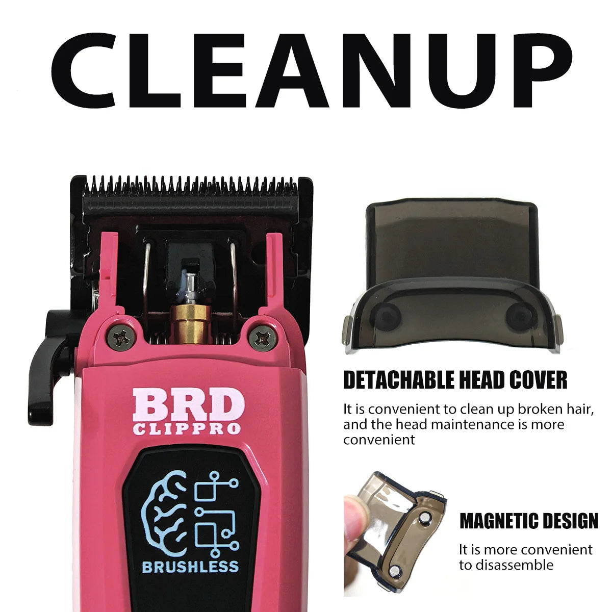 Pink BRD Clipper brushless rotary hair trimmer with detachable head cover and magnetic design