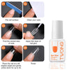Instructions showing how to apply nail glue for press-on nails, including filing the nail surface and pressing down.