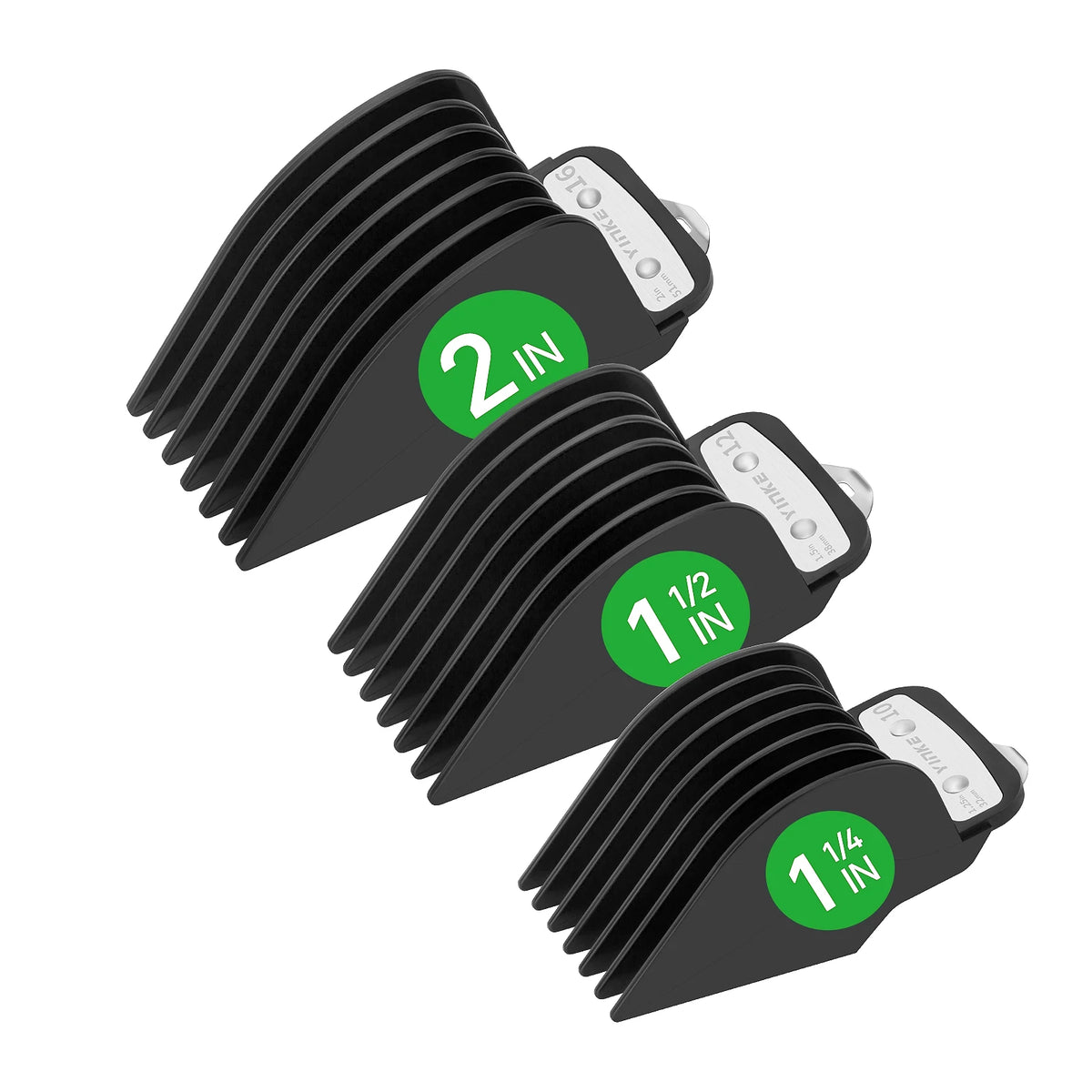 A set of precision cutting guides for hair clippers and trimmers showing sizes 2 in, 1 1/2 in, and 1 1/4 in.