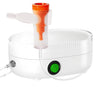 A white portable medical compression nebulizer with an orange mouthpiece and a green power button.