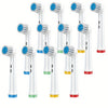 A set of replacement toothbrush heads for electric toothbrushes, shown in various colors and sizes.