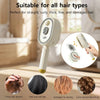 A white electric hair smoothing brush is shown with various hair textures demonstrating its suitability for straight, curly, 
