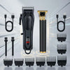 A set of 4 interchangeable teeth attachments for a cordless hair grooming kit shown with the main device and various grooming