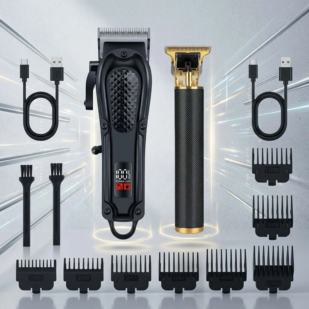 A set of 4 interchangeable teeth attachments for a cordless hair grooming kit shown with the main device and various grooming