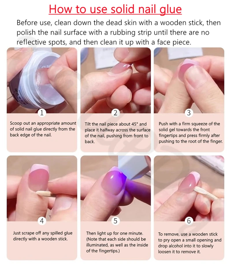 Instrucciones para usar pegamento de uñas sólido para aplicar uñas postizas
