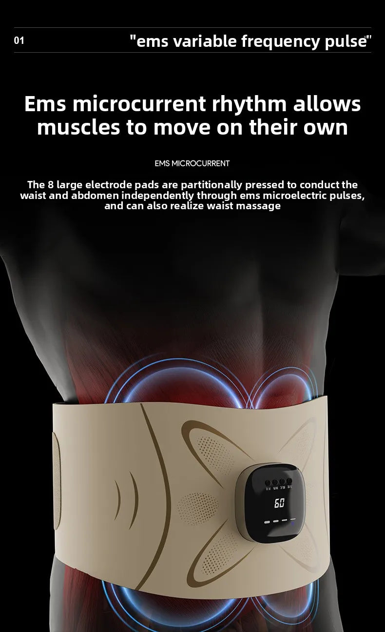 A beige EMS microcurrent rhythm pad is placed on the lower abdomen of a person, illustrating muscle stimulation for waist mas