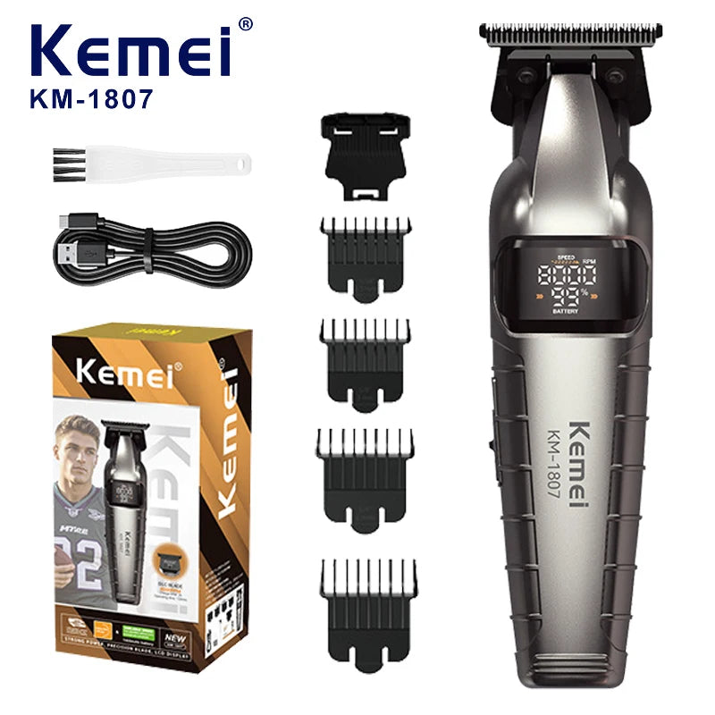 A Kemei KM-1807 professional cordless hair trimmer shown with various attachments and the main unit.