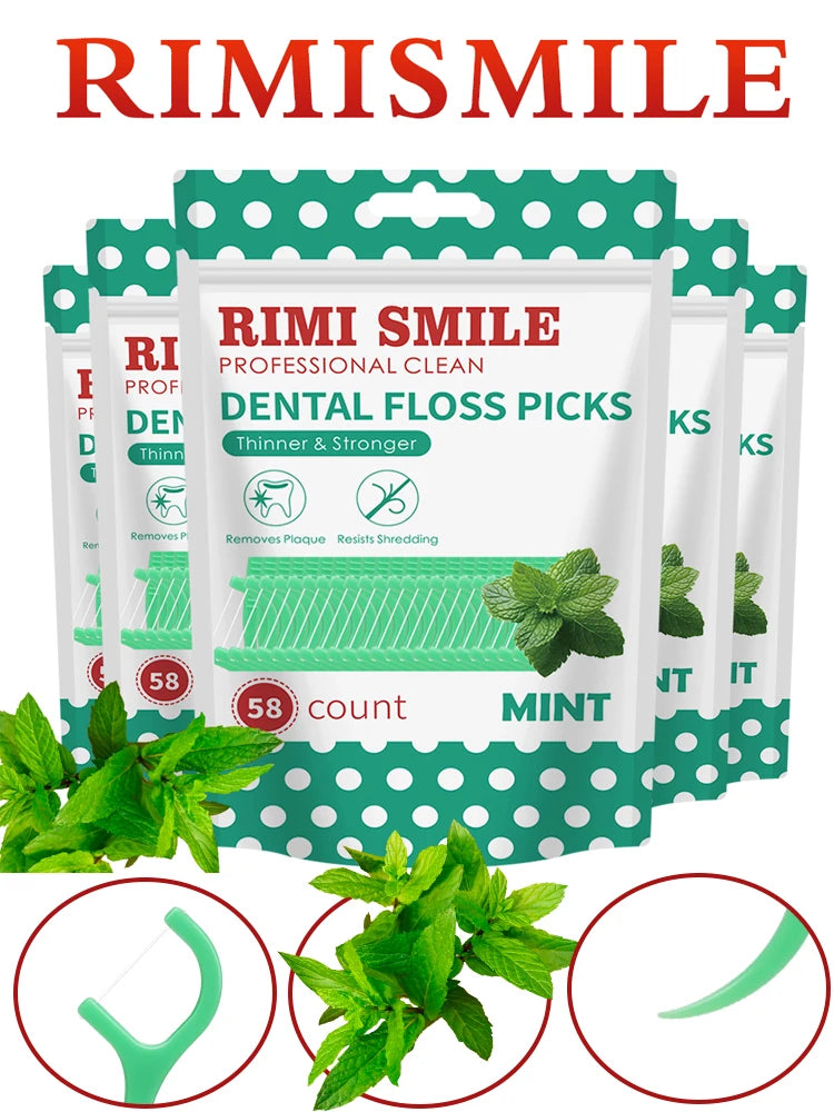 Rimsmile dental floss picks in mint flavor shown with loose mint leaves and a portable case.