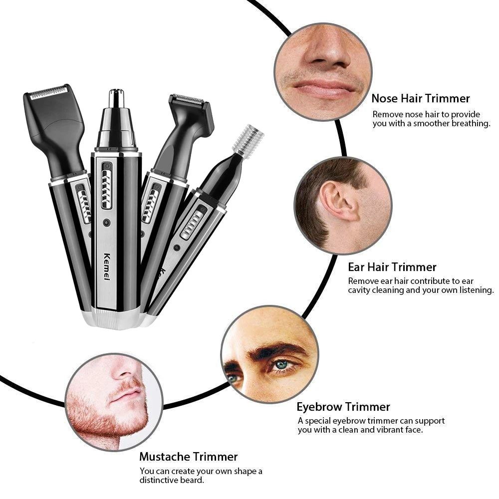 A set of four rechargeable hair trimmers for nose, ear, and eyebrow hair removal devices.