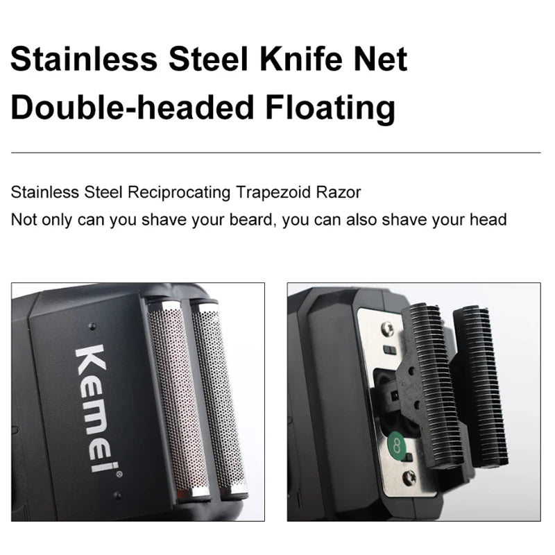 A black stainless steel double-headed floating knife net razor with reciprocating trapezoid blades.