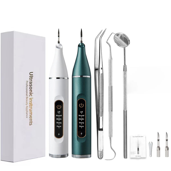 A set of professional ultrasonic dental cleaning instruments including a scaler and mirror in a green and silver case.