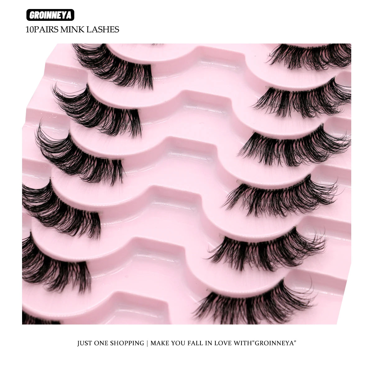 A tray of ten pairs of mink lashes displayed in pink packaging.