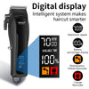 A black digital display electric beard and hair trimmer with indicators for speed, battery, maintenance, and charging.