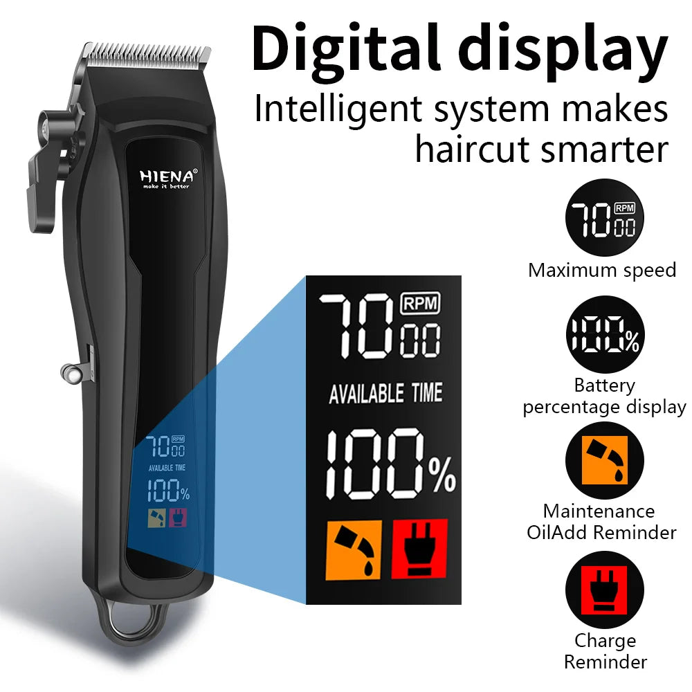 A black digital display electric beard and hair trimmer with indicators for speed, battery, maintenance, and charging.