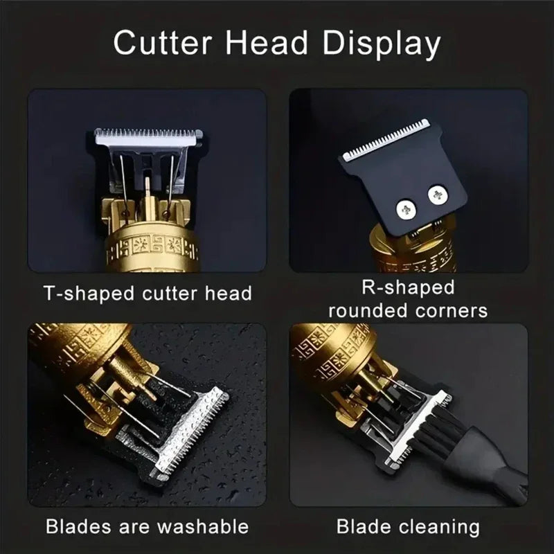 Display of various cutter heads including T-shaped and R-shaped rounded corners for a professional electric hair clipper
