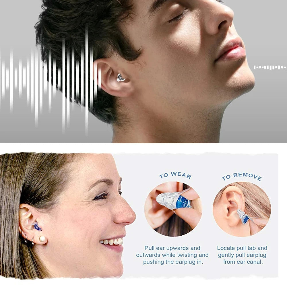 Instructions show how to wear and remove high fidelity silicone earplugs from the ear canal.