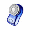 A close-up view of a blue cordless electric beard trimmer shaver with a silver rotating head and a power indicator light.