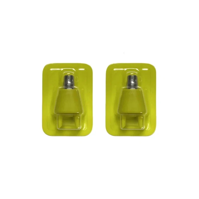 A pair of universal replacement razor blades in a lime green plastic holder.