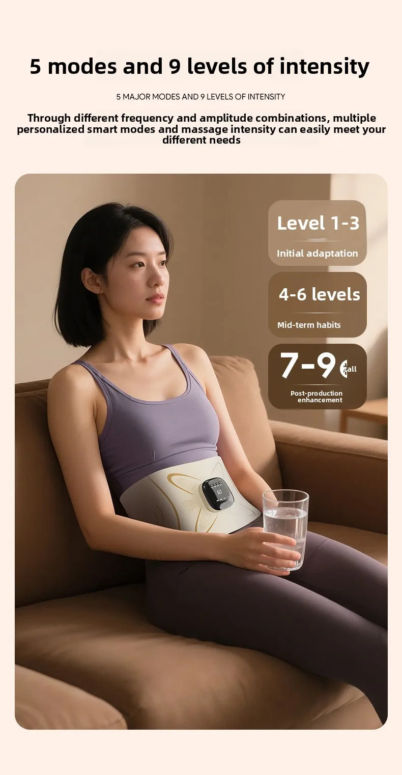 A woman is using an EMS waist pulse massager while sitting on a sofa, demonstrating different intensity levels.