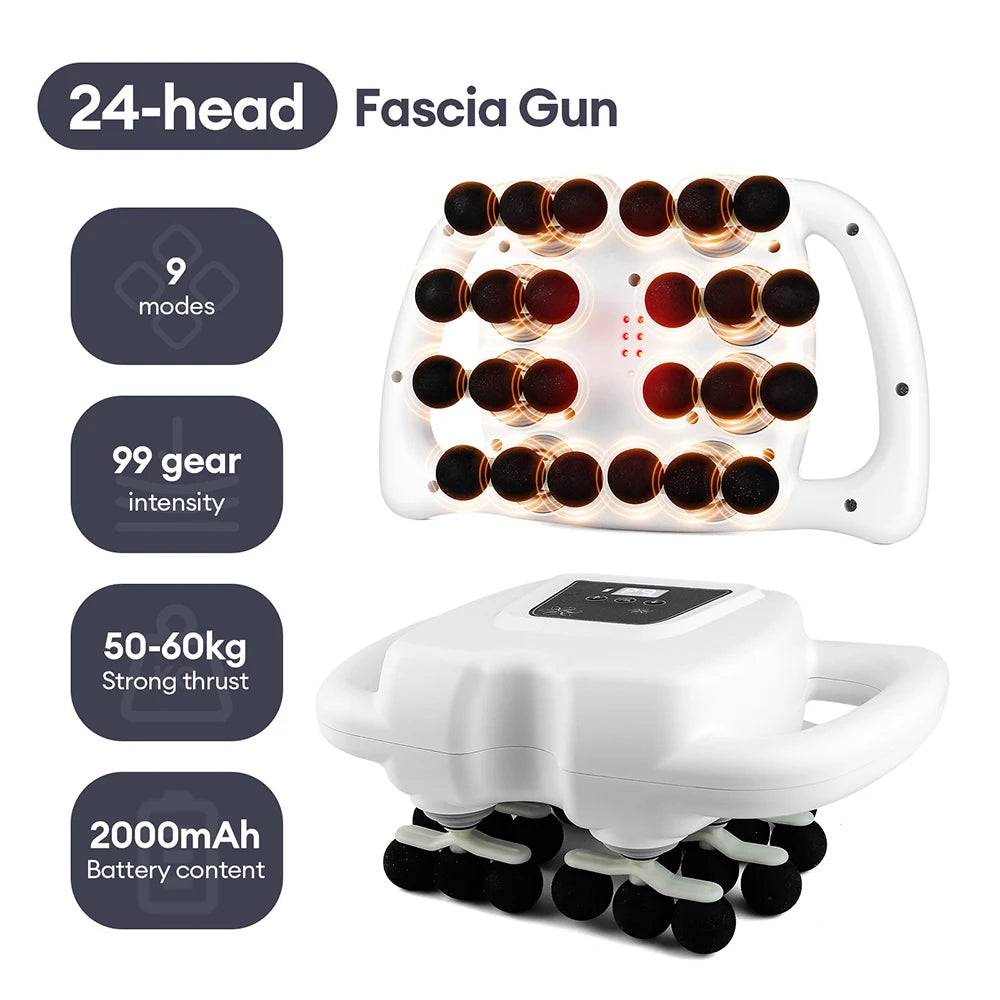 A white 24-head fascia gun massage device with a handle and battery compartment.