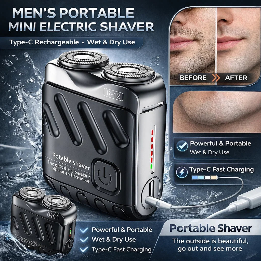 A portable mini electric shaver in black is shown with close-ups demonstrating its use before and after shaving.