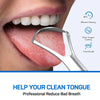 A stainless steel tongue and gum scraper is shown being used on a person's tongue for cleaning and fresh breath.