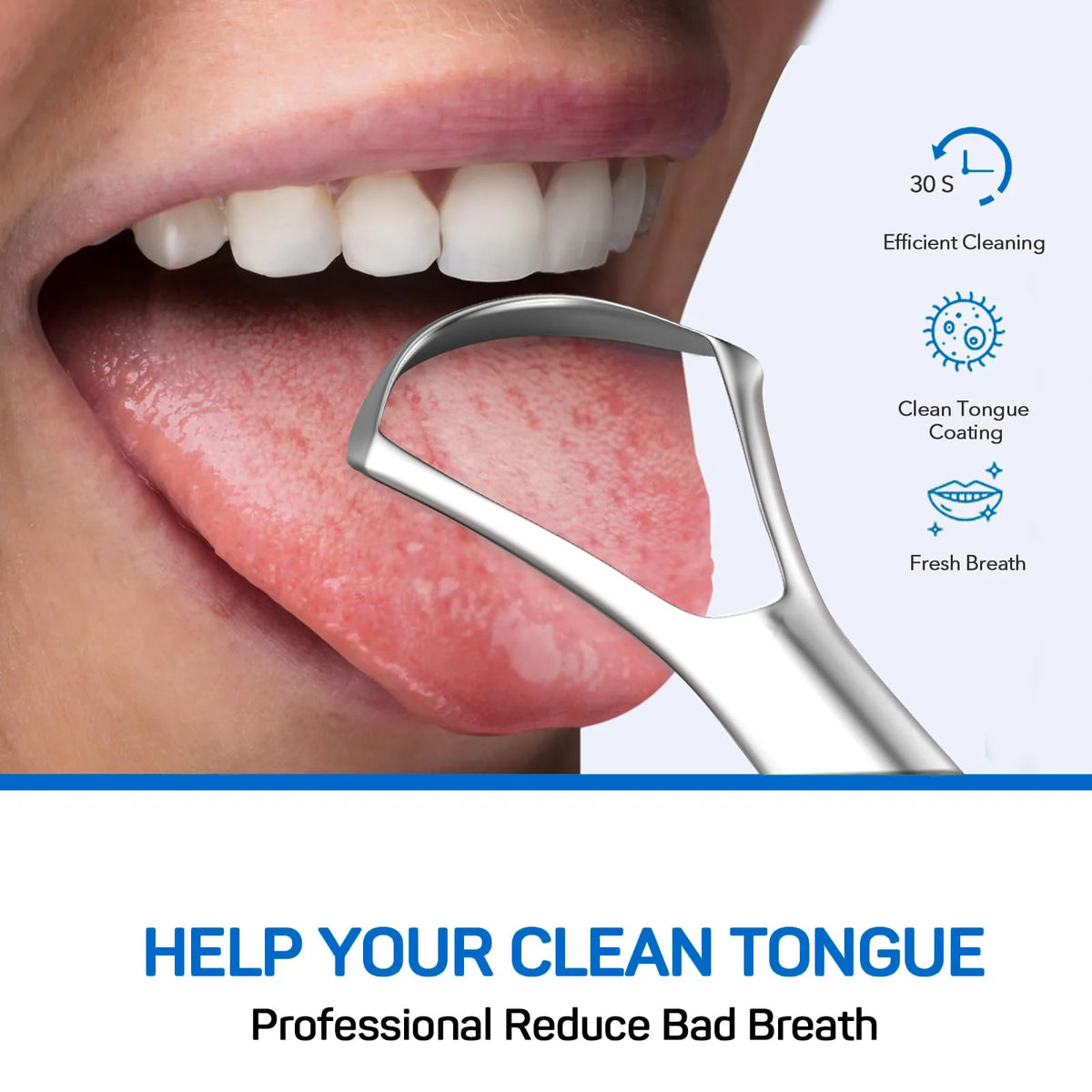 A stainless steel tongue and gum scraper is shown being used on a person's tongue for cleaning and fresh breath.