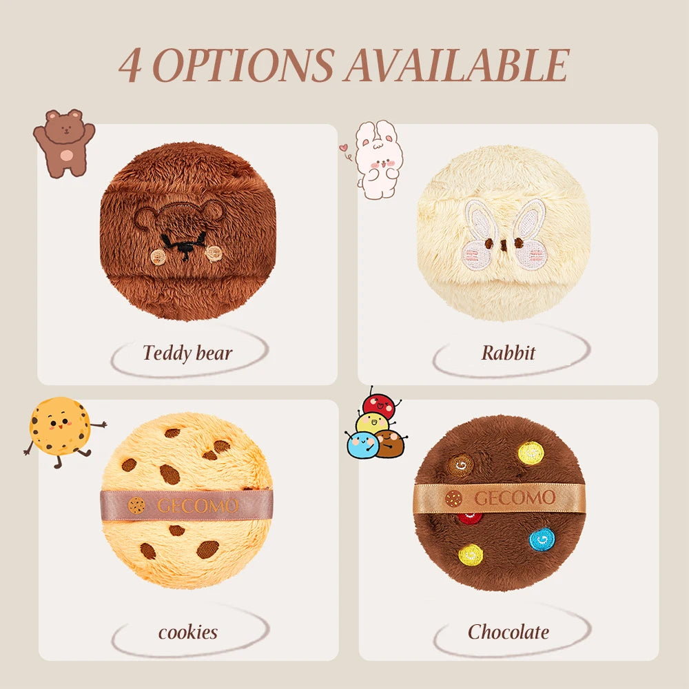 Quatre options de poudres de rembourrage doux : ours en peluche, lapin, biscuits et chocolat.