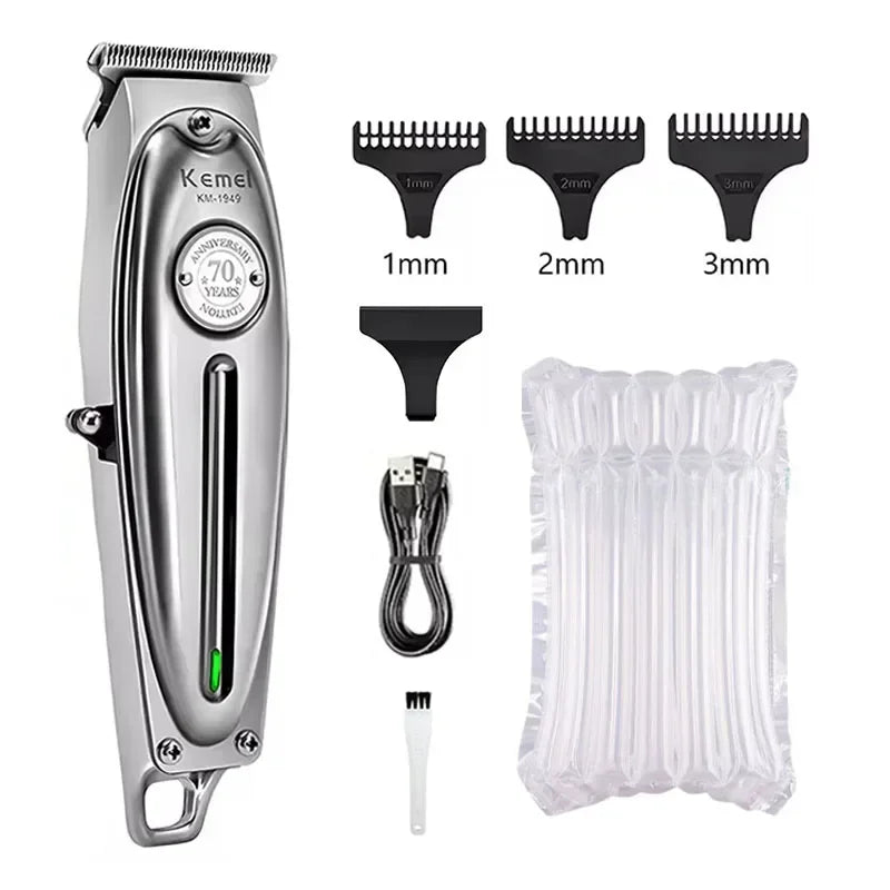 A professional rechargeable electric hair clipper with various guard attachments and a storage case.