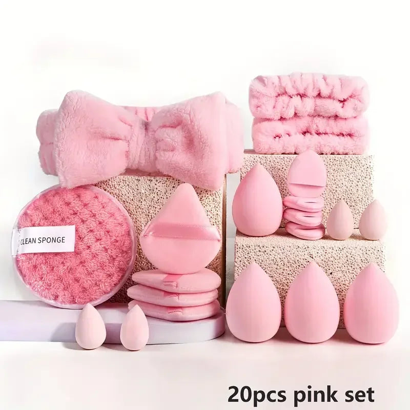 A pink set of 20 cosmetic sponges and brushes displayed on a white background.