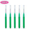A set of five mini brow and eyelash combs in green.