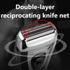 Close-up of a silver electric shaver with a double-layer reciprocating knife net.