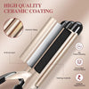 A close-up of a professional triple barrel ceramic hair curling iron with a metallic finish and heating elements.