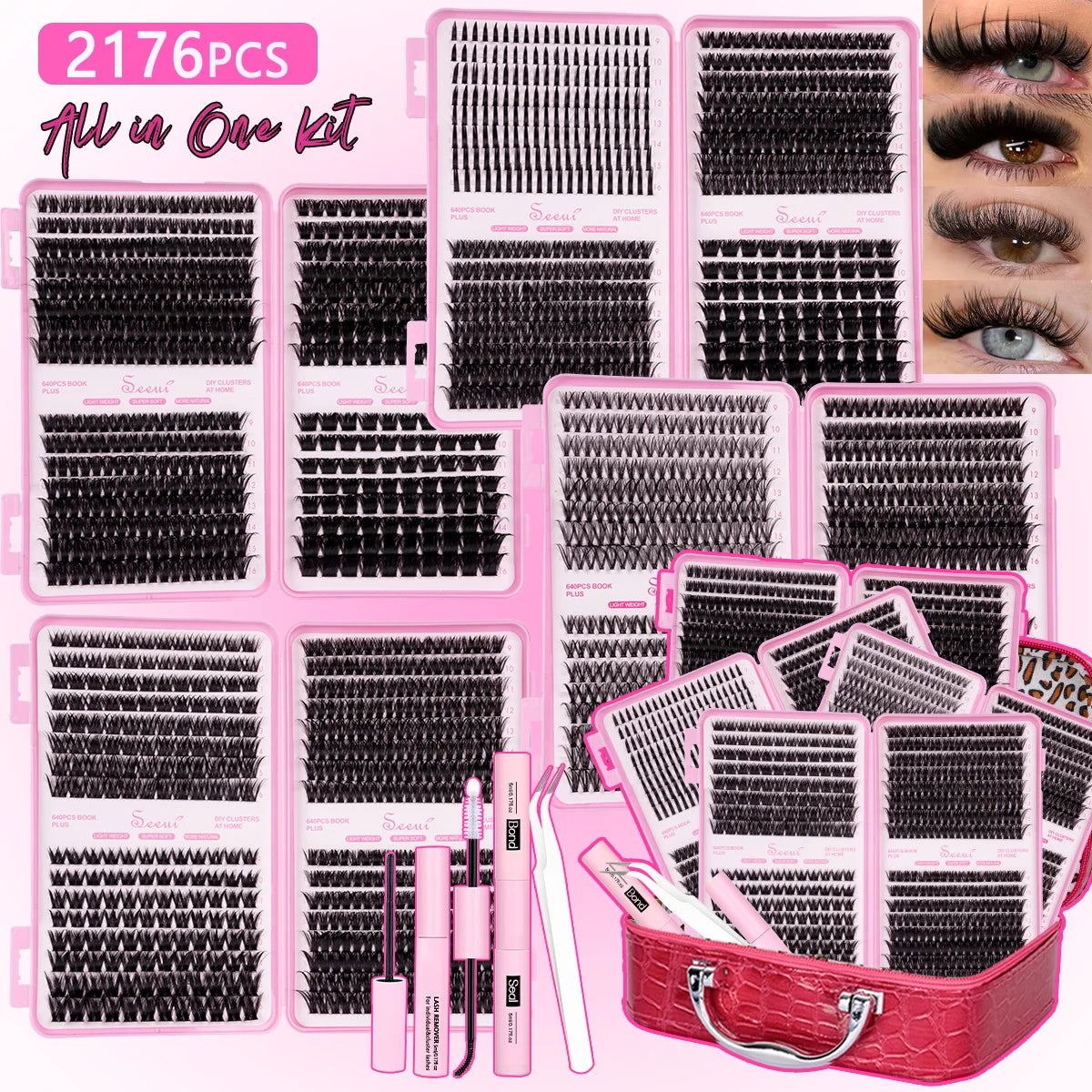 Une boîte rose contenant un kit professionnel d'extensions de cils DIY avec divers outils et extensions.