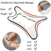 Stainless steel gua sha massage tool shown with usage examples on back, thighs, arm, calf, and neck.